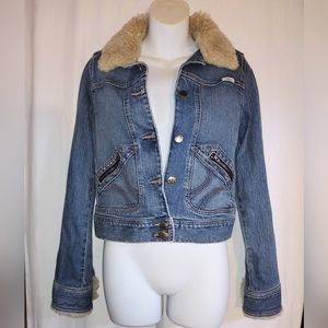 Hollister Jean Denim Jacket Snow Bunny, Faux Fur Trim, Button Front Y2K Sz M